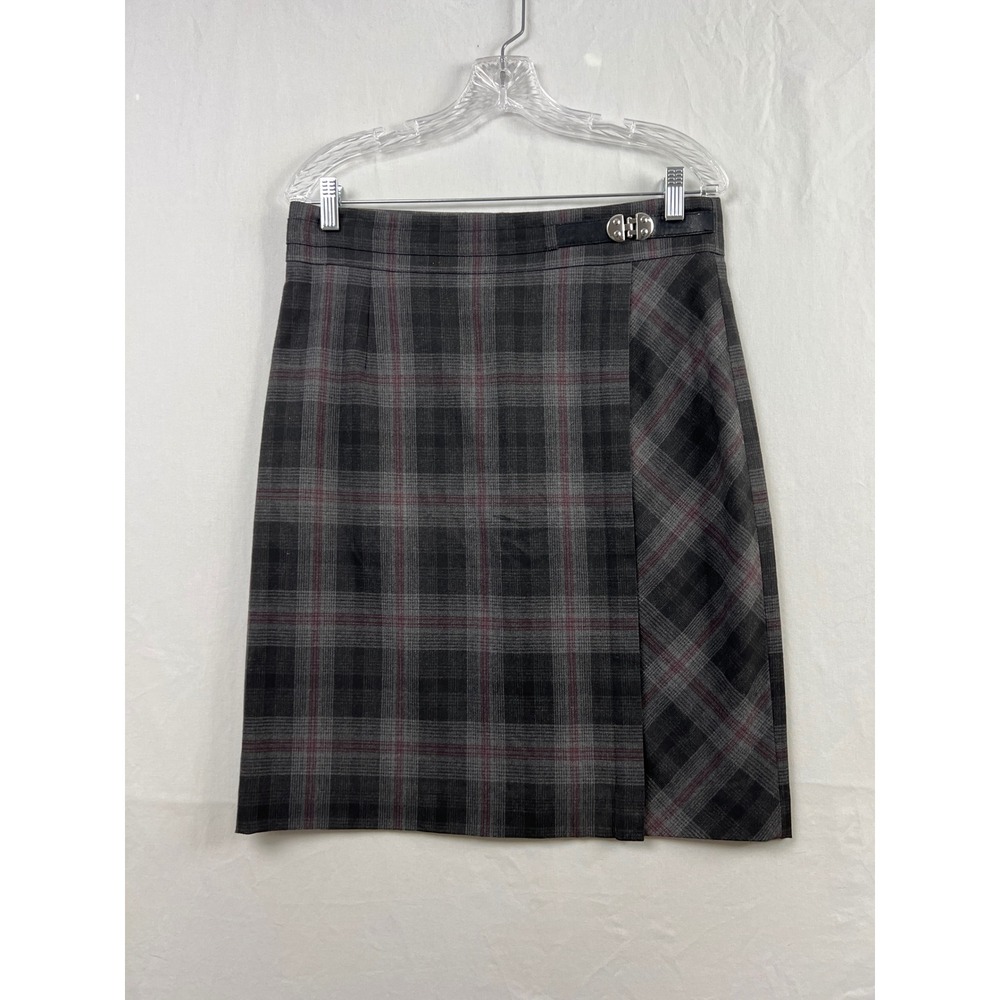 Antonio Melani Pencil Skirt Women 10 Gray Plaid Faux Wrap Buckle Knee Length